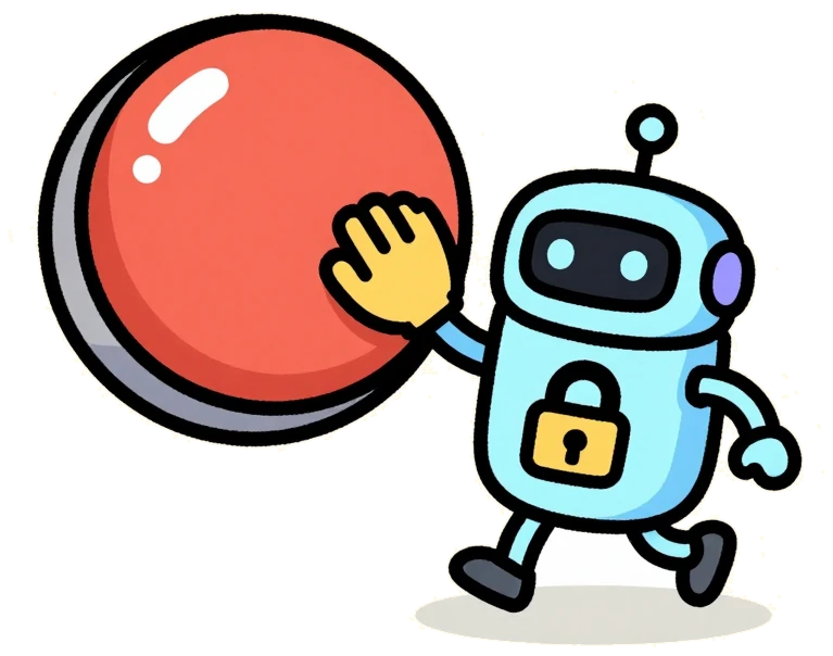 A hand on a big red emergency stop button and a robot frozen mid-step