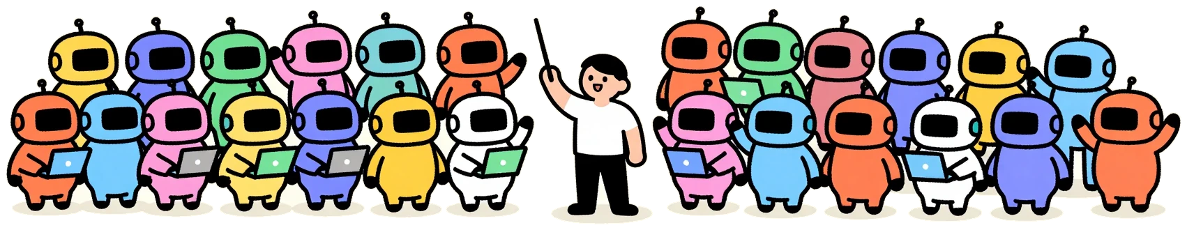 A crowd of robots and people standing shoulder to shoulder, waving