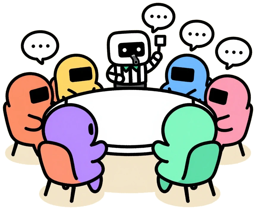 Four robots around a round table and a referee robot with a whistle