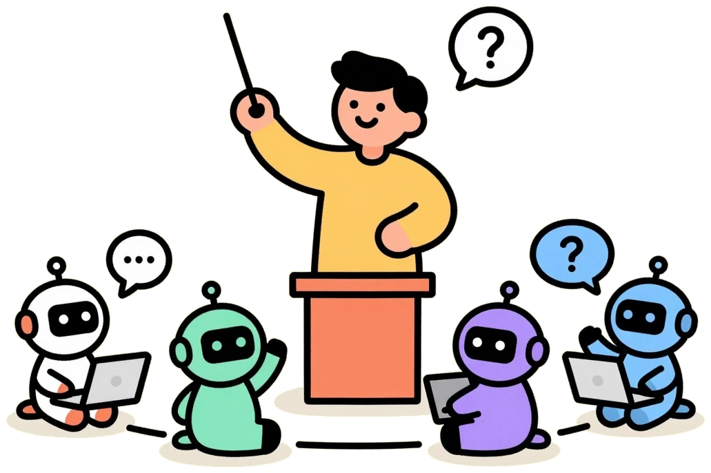 A conductor with a baton directing four small robots, each at a laptop