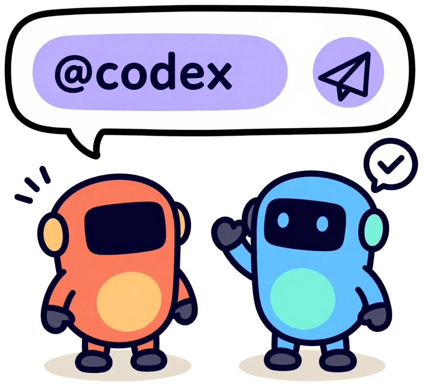 A robot calling @codex in a chat input box, and another robot answering with a check mark