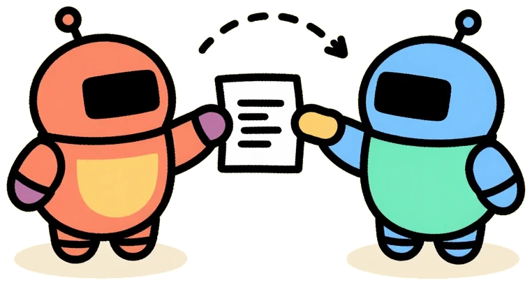Two robots passing a document between them like a relay baton