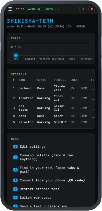 SHIKISHA-TERM on a phone: a live list of several agents and their states