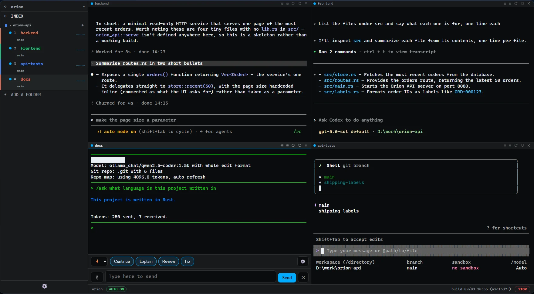 Claude Code, Codex, Gemini and Aider running side by side in four panes of one window, each answering a question about the same repository