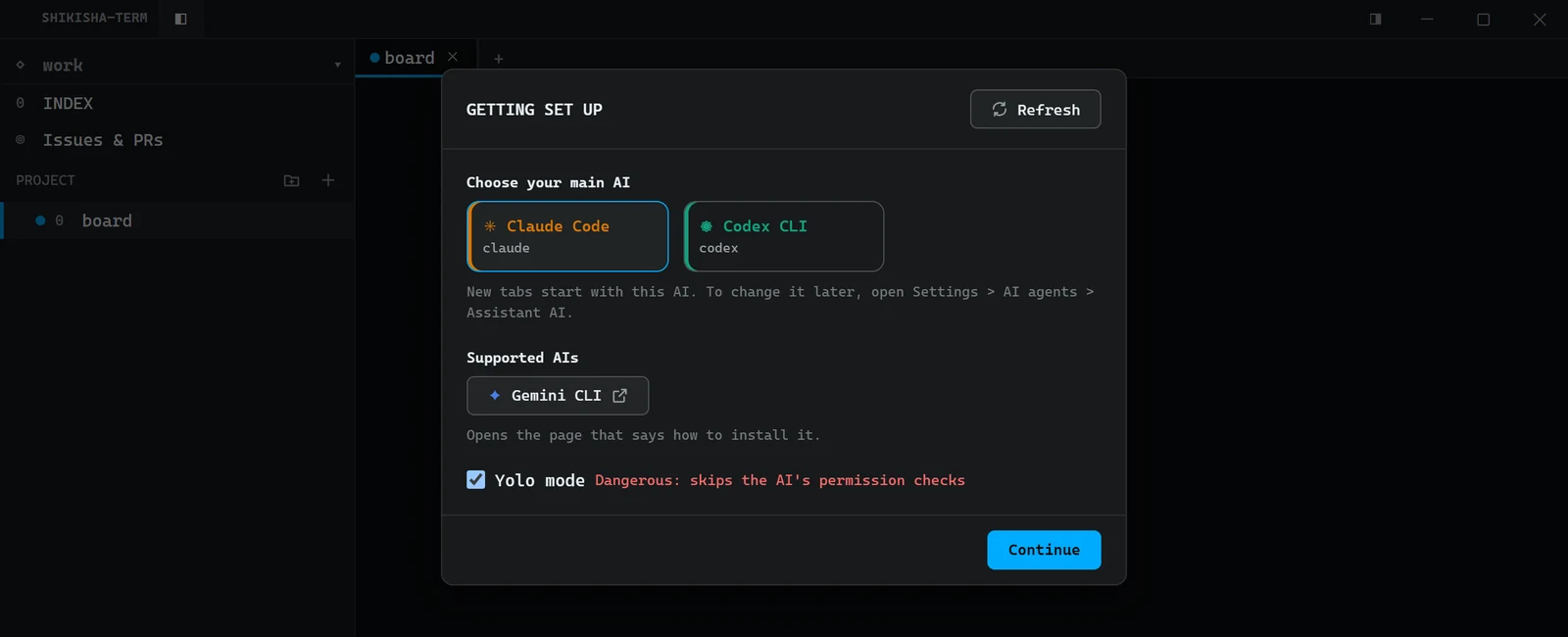 The Getting set up screen: choose your main AI from the ones installed on this PC, with a link to install the ones that are not
