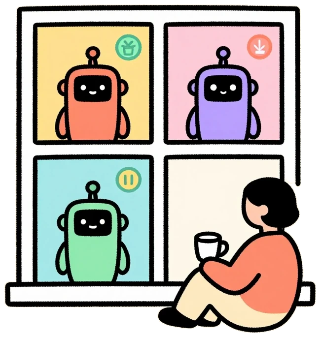 A person with a cup of coffee, calmly watching one window split into four