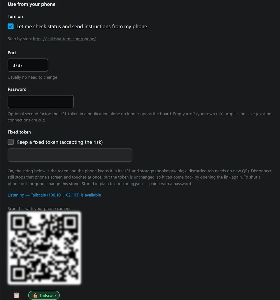 The Use from your phone card in SHIKISHA-TERM's settings, reading Listening — Tailscale (100.101.102.103) is available, with a Tailscale mark under the QR code