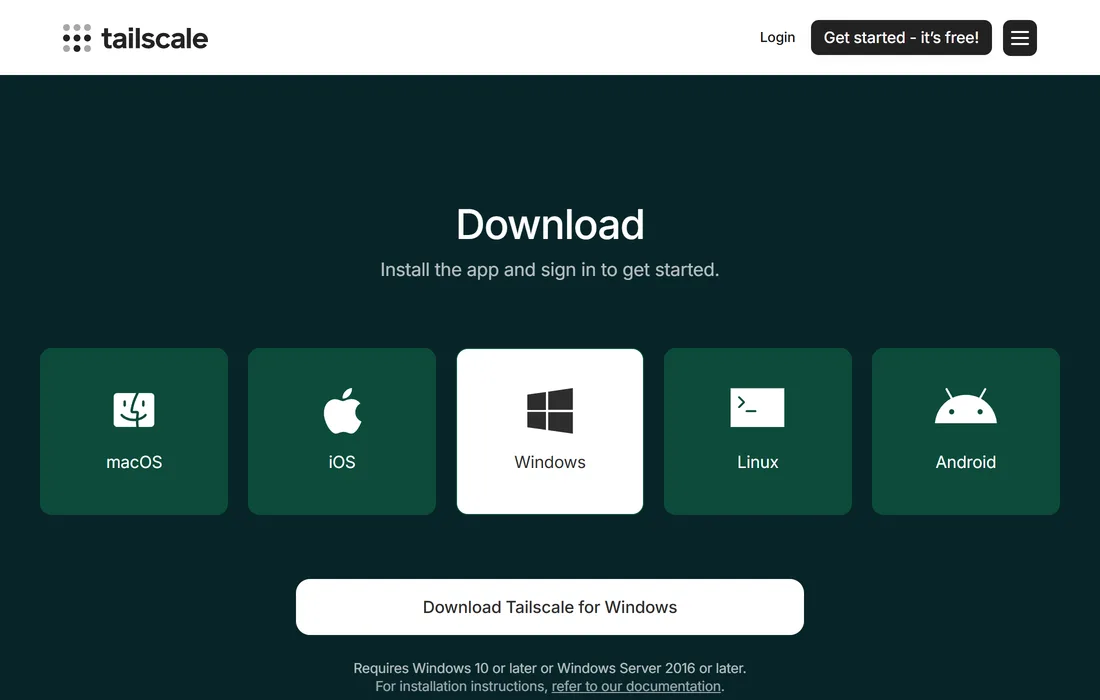 Tailscale's download page with Windows selected and the Download Tailscale for Windows button below it