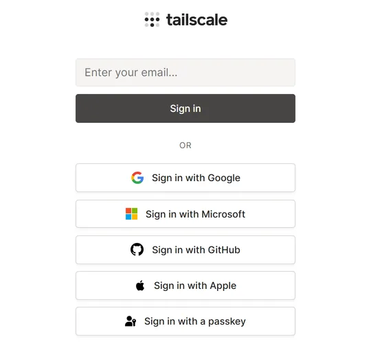 Tailscale's sign-in page with buttons for Google, Microsoft, GitHub, Apple and a passkey